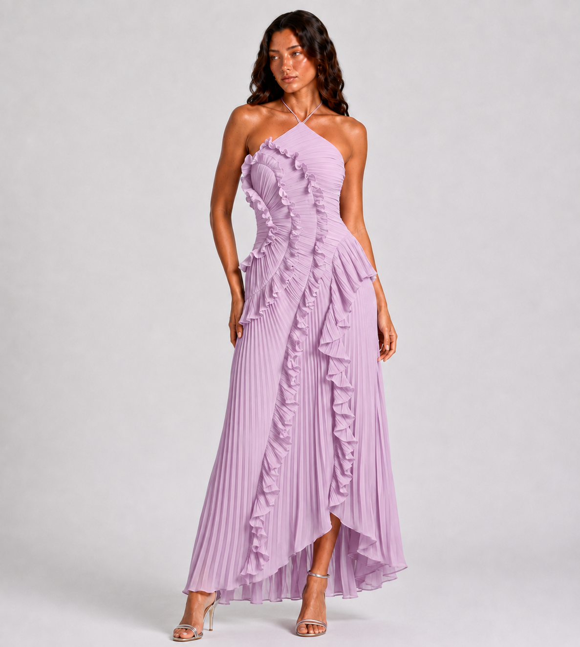 Evelina Pleated Ruffle Halter Maxi Dress - Lilac