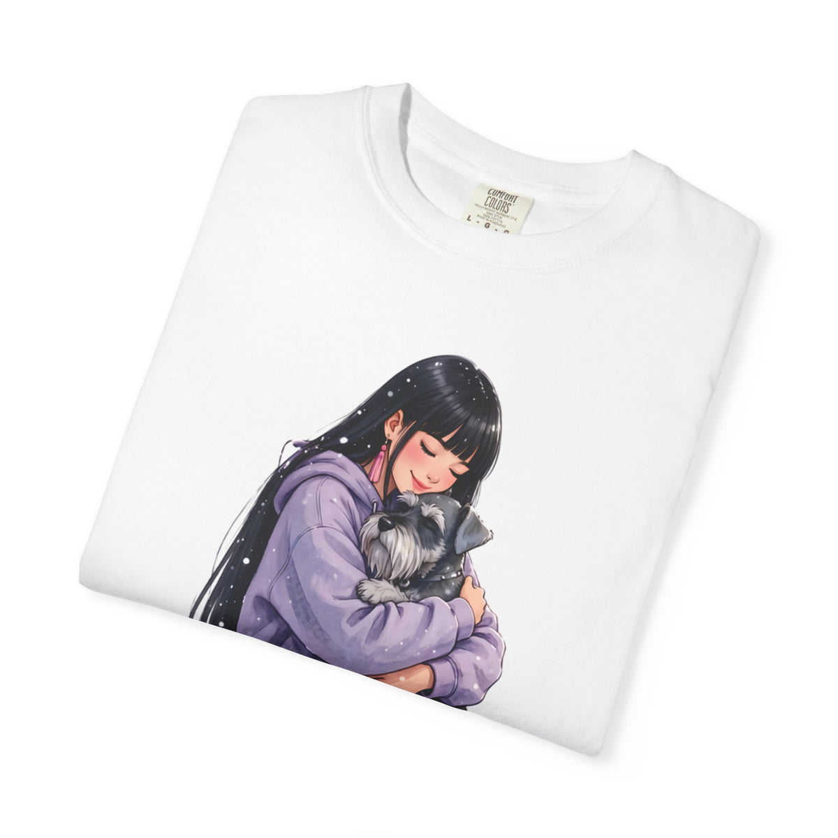 Folded white t-shirt showing the girl and schnauzer hug illustration