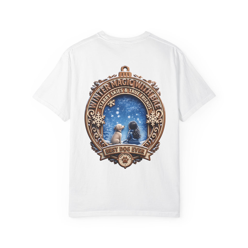 Close front view of the Winter Magic With Bae badge print on a white cotton t-shirt