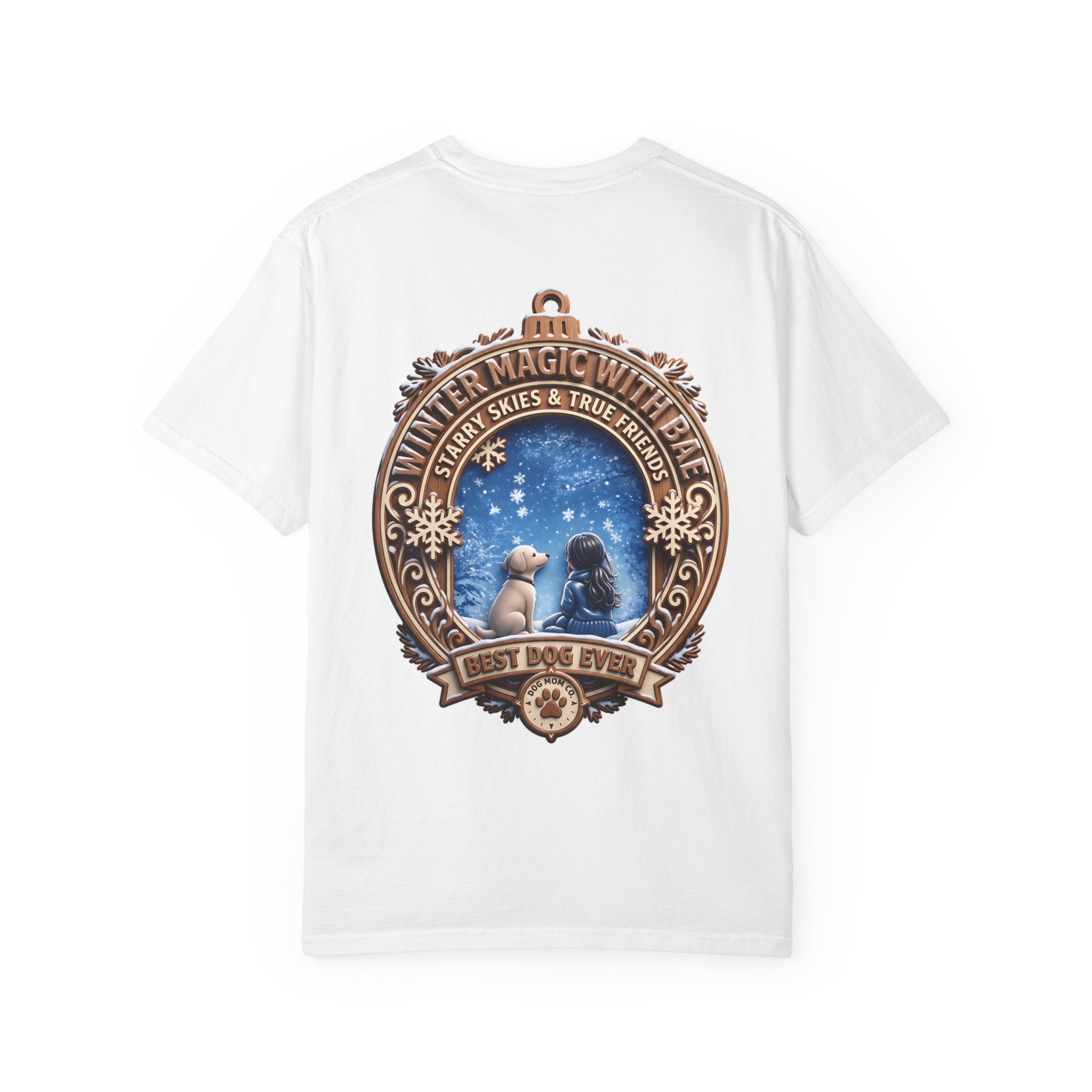 Close front view of the Winter Magic With Bae badge print on a white cotton t-shirt