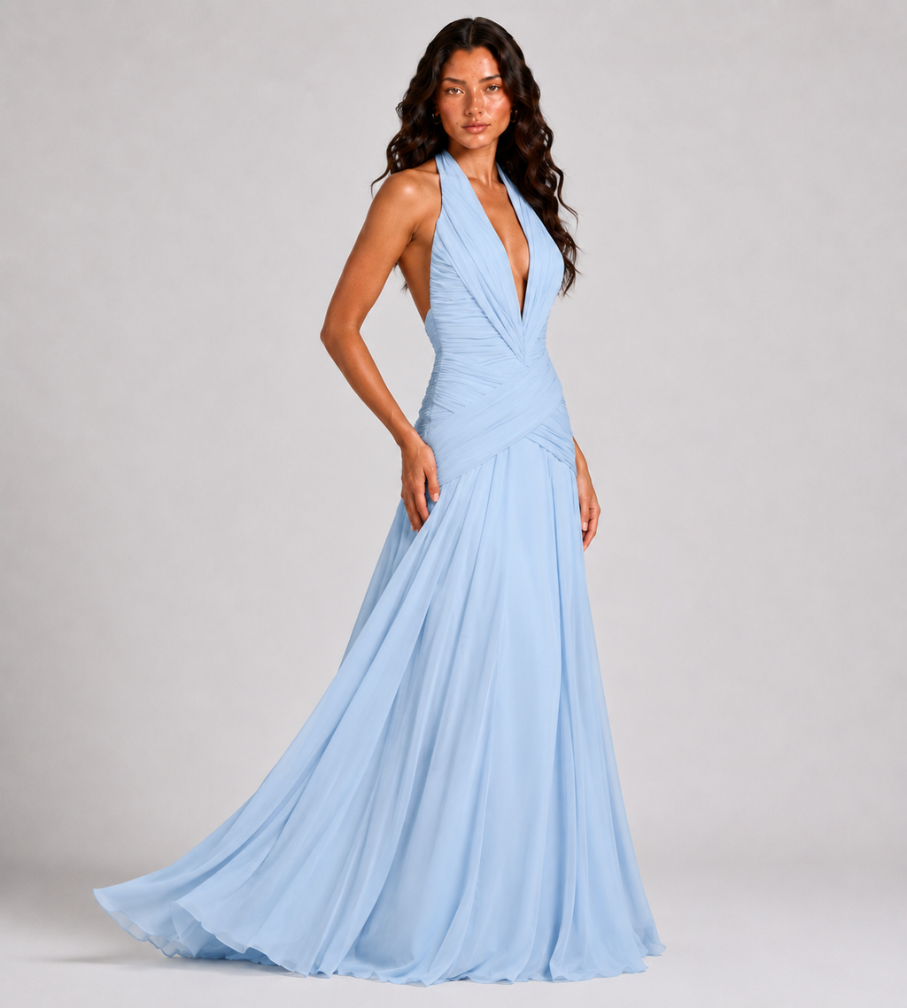 Elowen Draped Chiffon Halter Maxi Dress - Blue