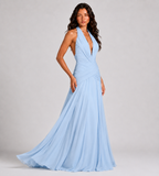 Elowen Draped Chiffon Halter Maxi Dress - Blue