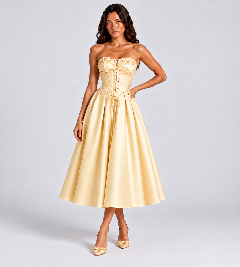 Elodie Lace-Trim Corset Midi Dress - Butter Yellow