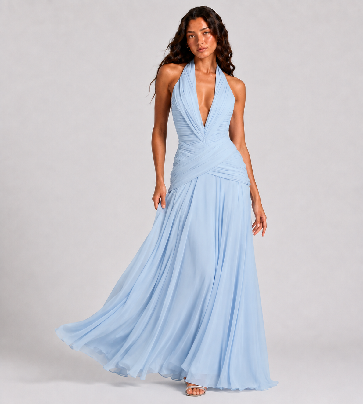 Elowen Draped Chiffon Halter Maxi Dress - Blue