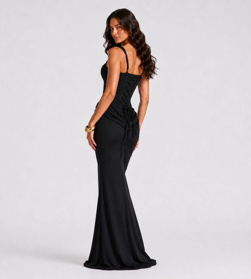 Alessia Cowl-Drape Corset Maxi Dress - Black