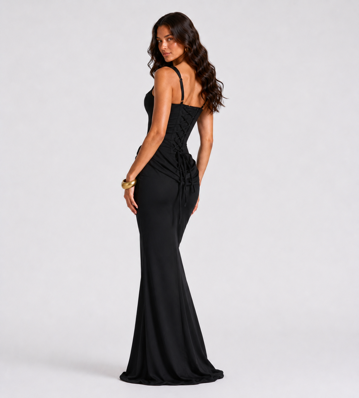 Alessia Cowl-Drape Corset Maxi Dress - Black