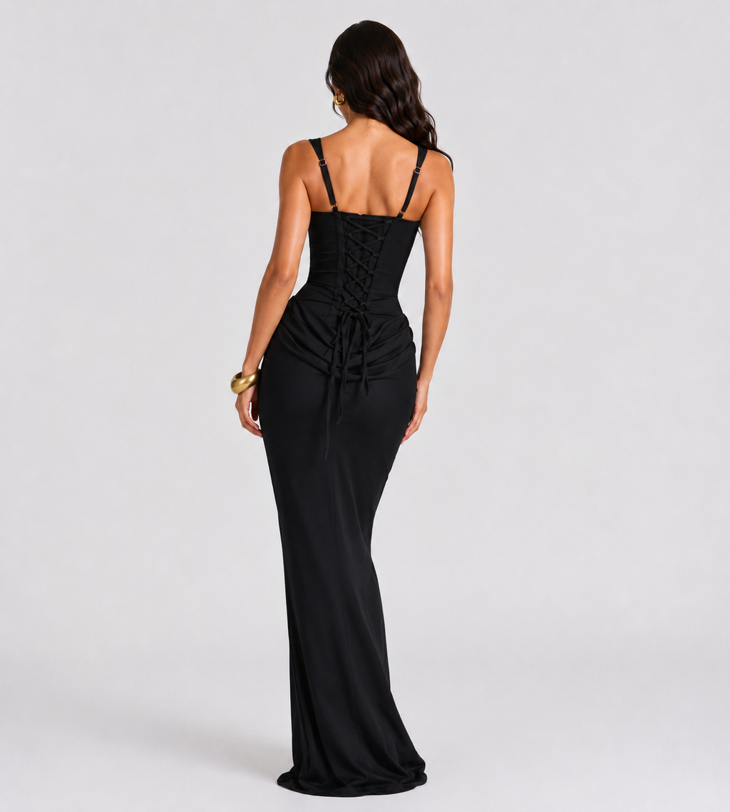 Alessia Cowl-Drape Corset Maxi Dress - Black