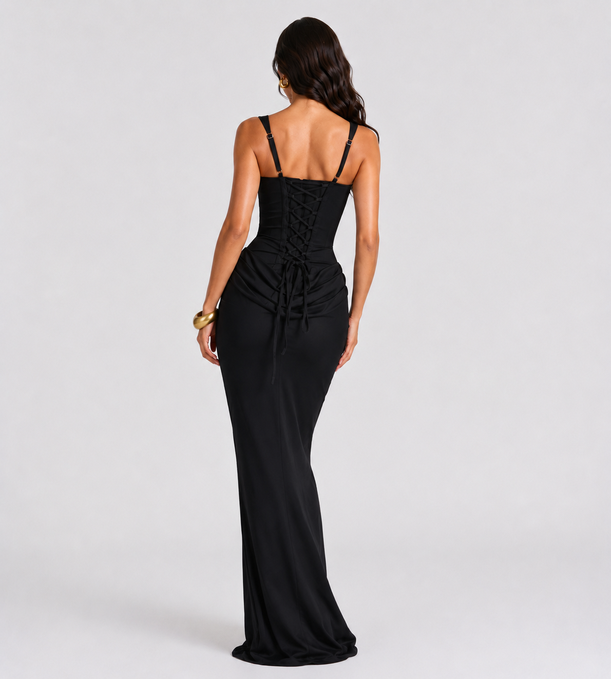 Alessia Cowl-Drape Corset Maxi Dress - Black