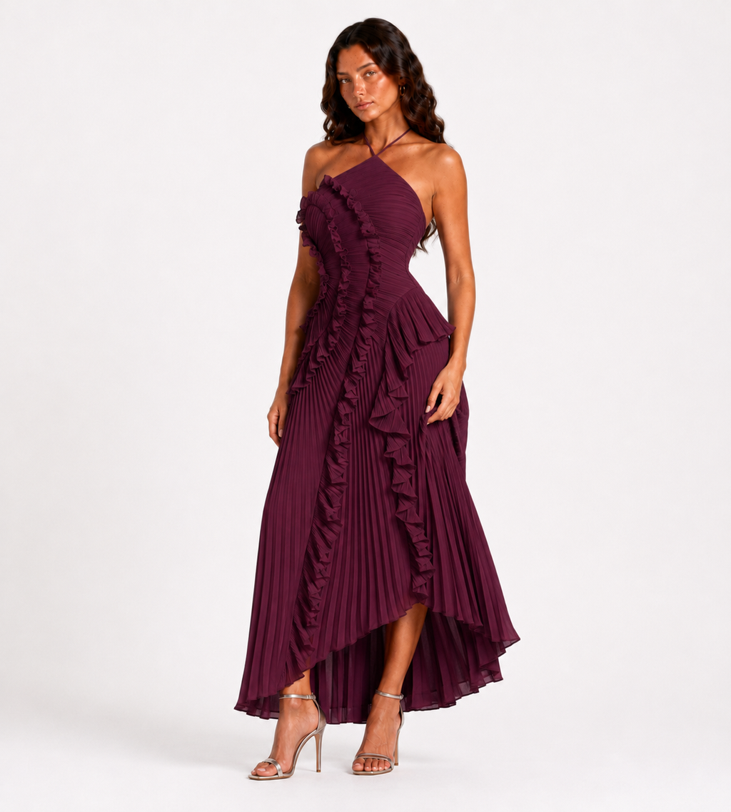 Evelina Pleated Ruffle Halter Maxi Dress - Plum