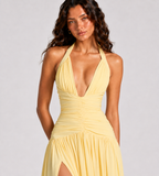 Seraphina Ruched Halter Maxi Dress - Yellow