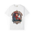 White t-shirt printed with an ornate badge of a girl in a red hat and scarf holding a small white dog, reading Winter Warriors and True Friends, Puppy Dog Mom
