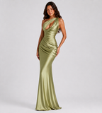 Isolde One-Shoulder Satin Maxi Dress - Olive