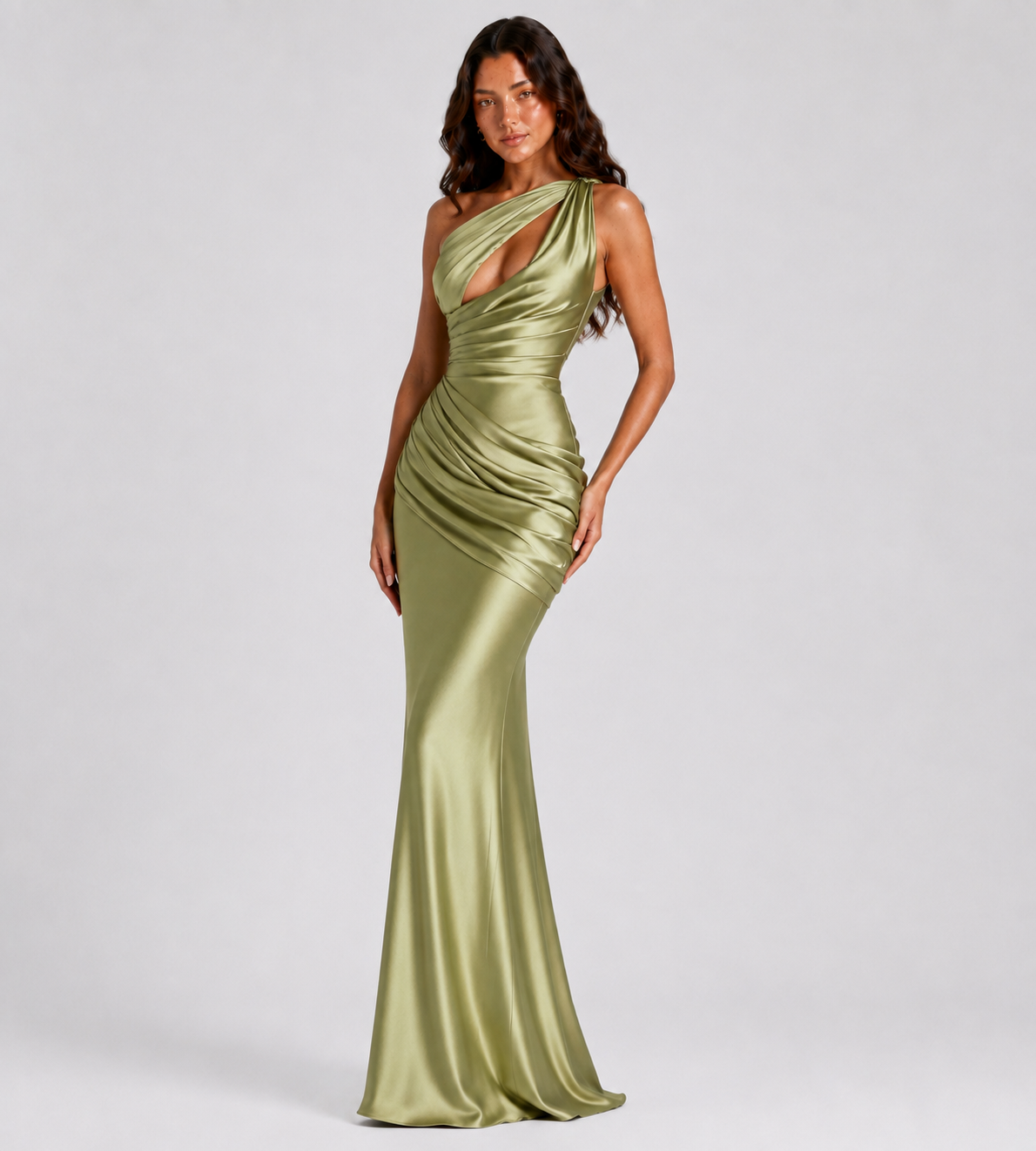Isolde One-Shoulder Satin Maxi Dress - Olive