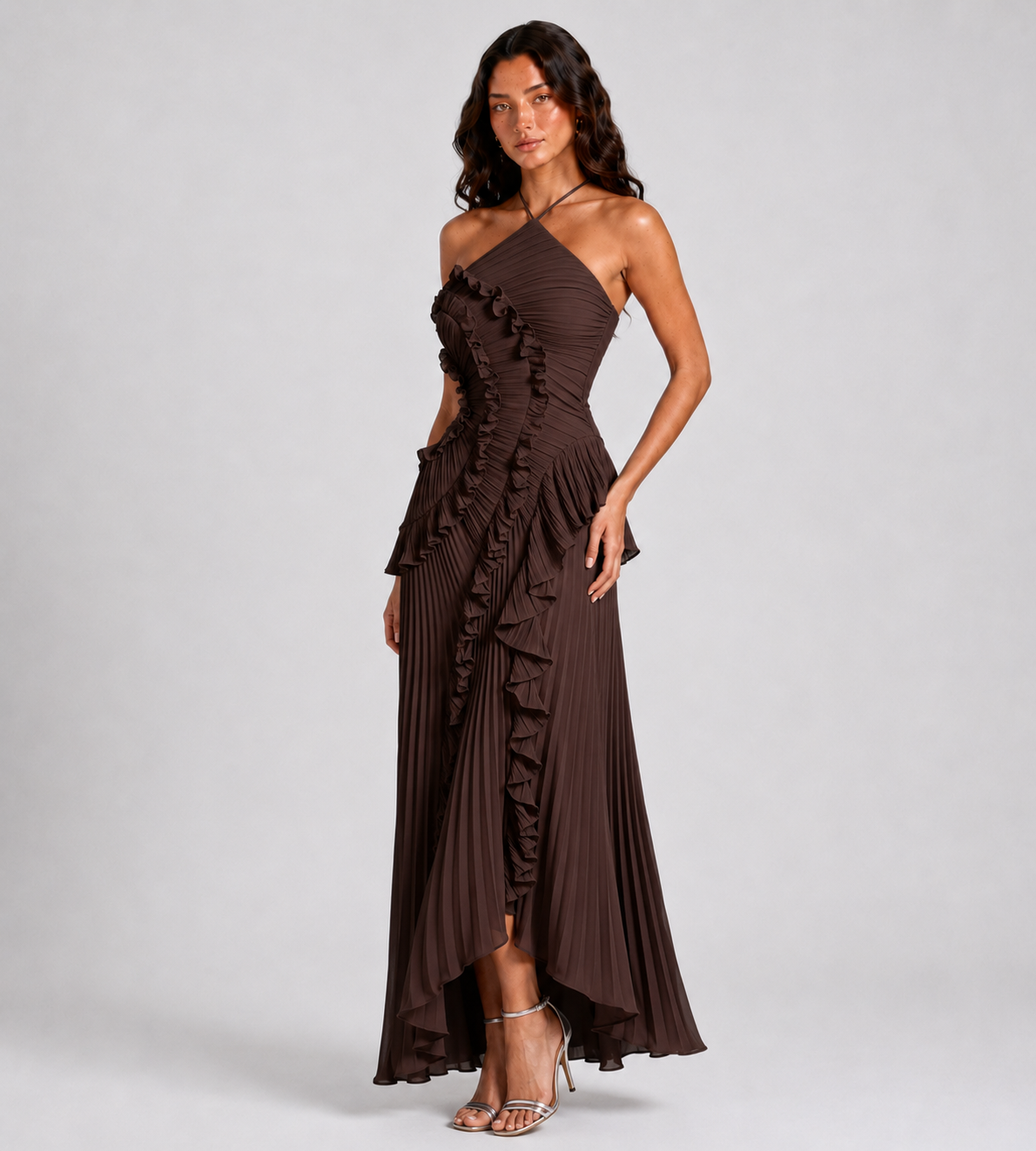 Evelina Pleated Ruffle Halter Maxi Dress - Brown
