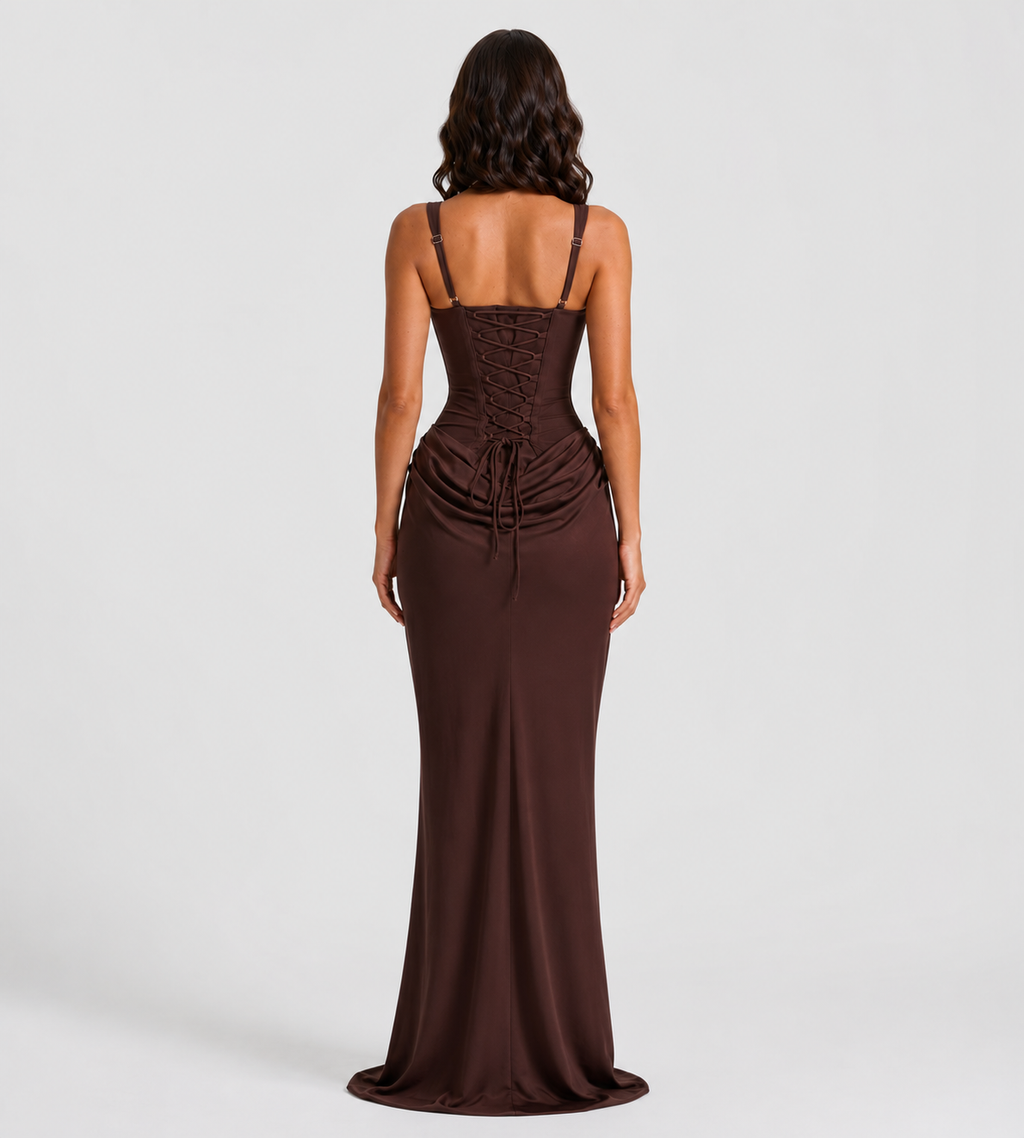 Alessia Cowl-Drape Corset Maxi Dress - Brown