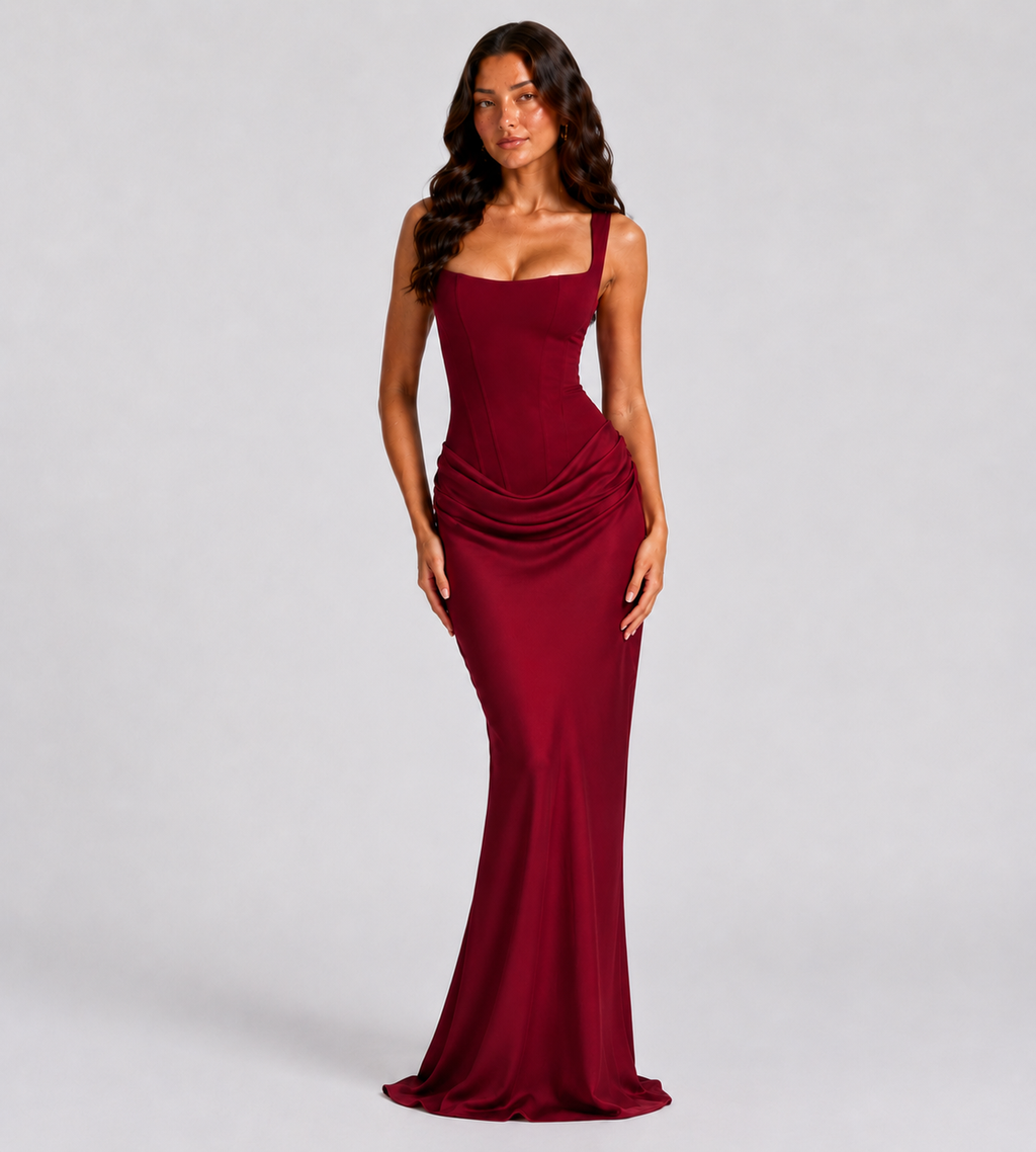 Alessia Cowl-Drape Corset Maxi Dress - Red
