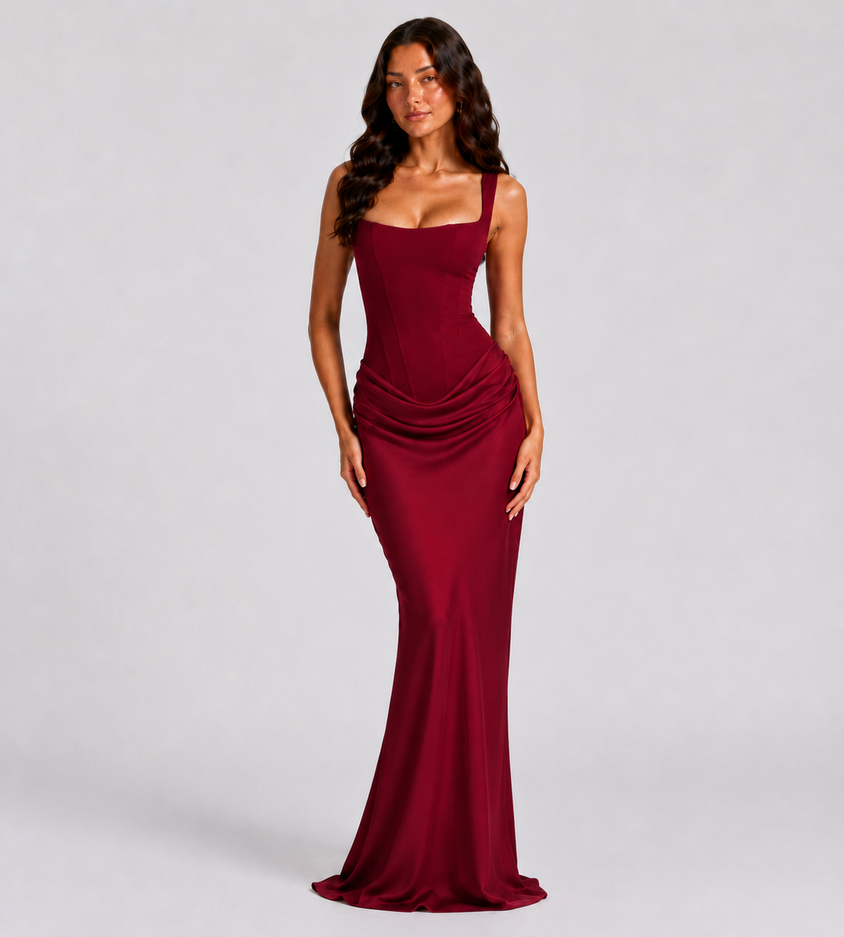 Alessia Cowl-Drape Corset Maxi Dress - Red