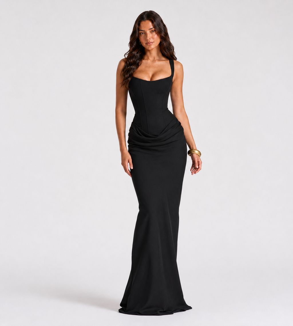 Alessia Cowl-Drape Corset Maxi Dress - Black