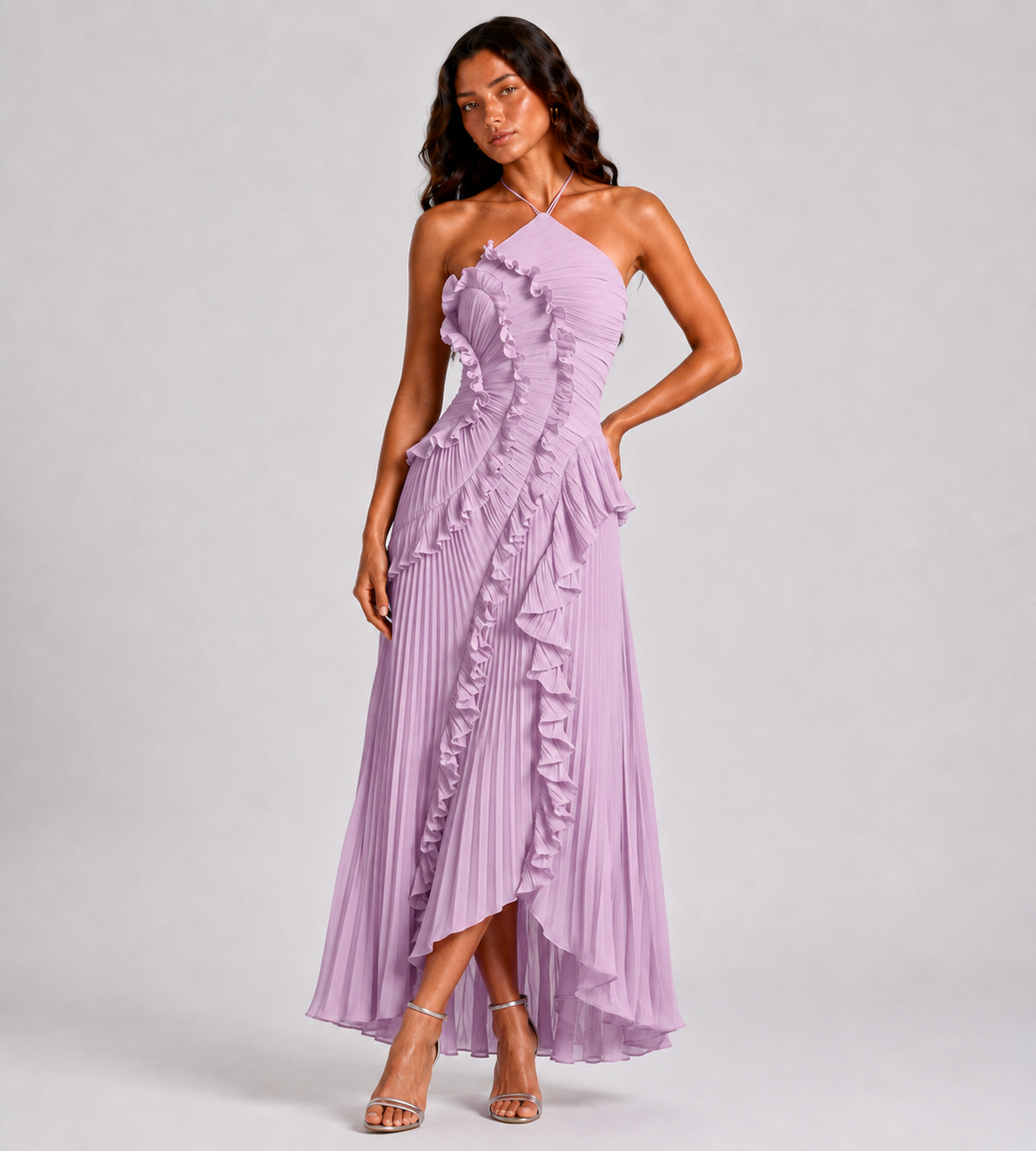 Evelina Pleated Ruffle Halter Maxi Dress - Lilac