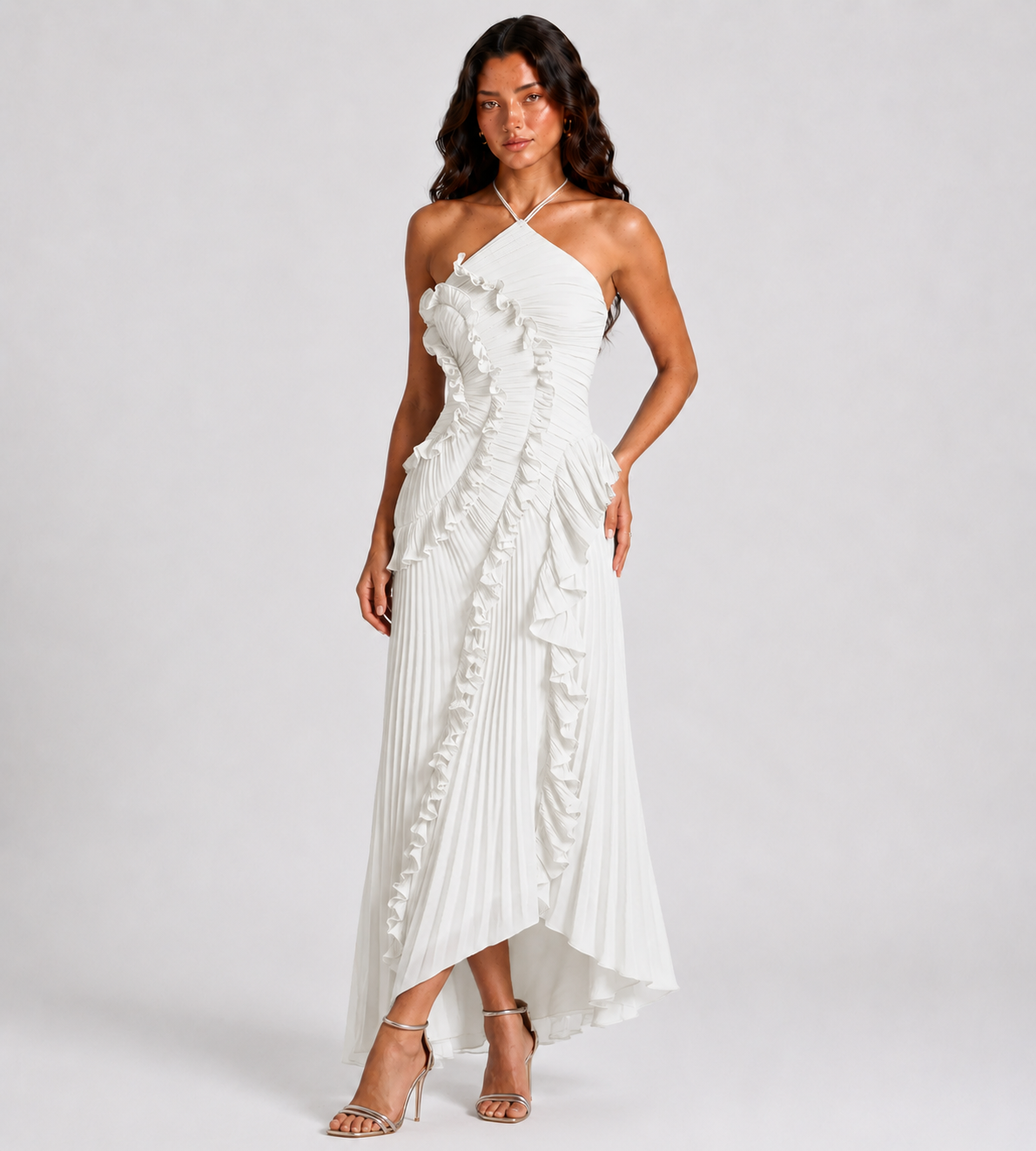 Evelina Pleated Ruffle Halter Maxi Dress - White