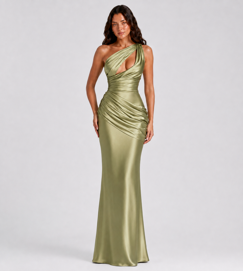 Isolde One-Shoulder Satin Maxi Dress - Olive