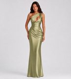 Isolde One-Shoulder Satin Maxi Dress - Olive