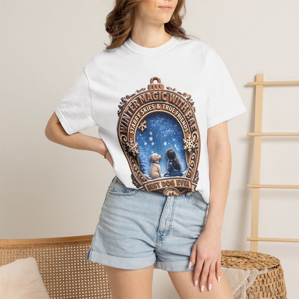Woman wearing the white Winter Magic With Bae dog t-shirt with denim shorts