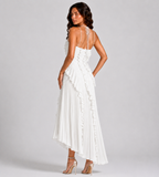 Evelina Pleated Ruffle Halter Maxi Dress - White
