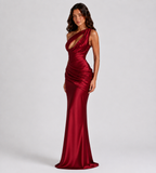 Isolde One-Shoulder Satin Maxi Dress - Red