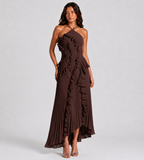 Evelina Pleated Ruffle Halter Maxi Dress - Brown