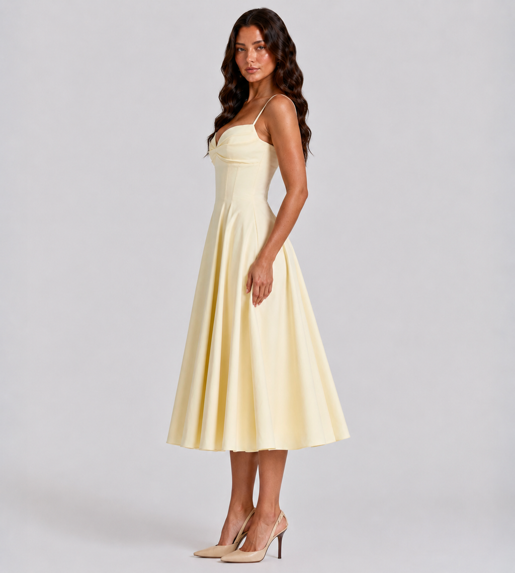Aurelia Pleated Midi Dress - Lemon