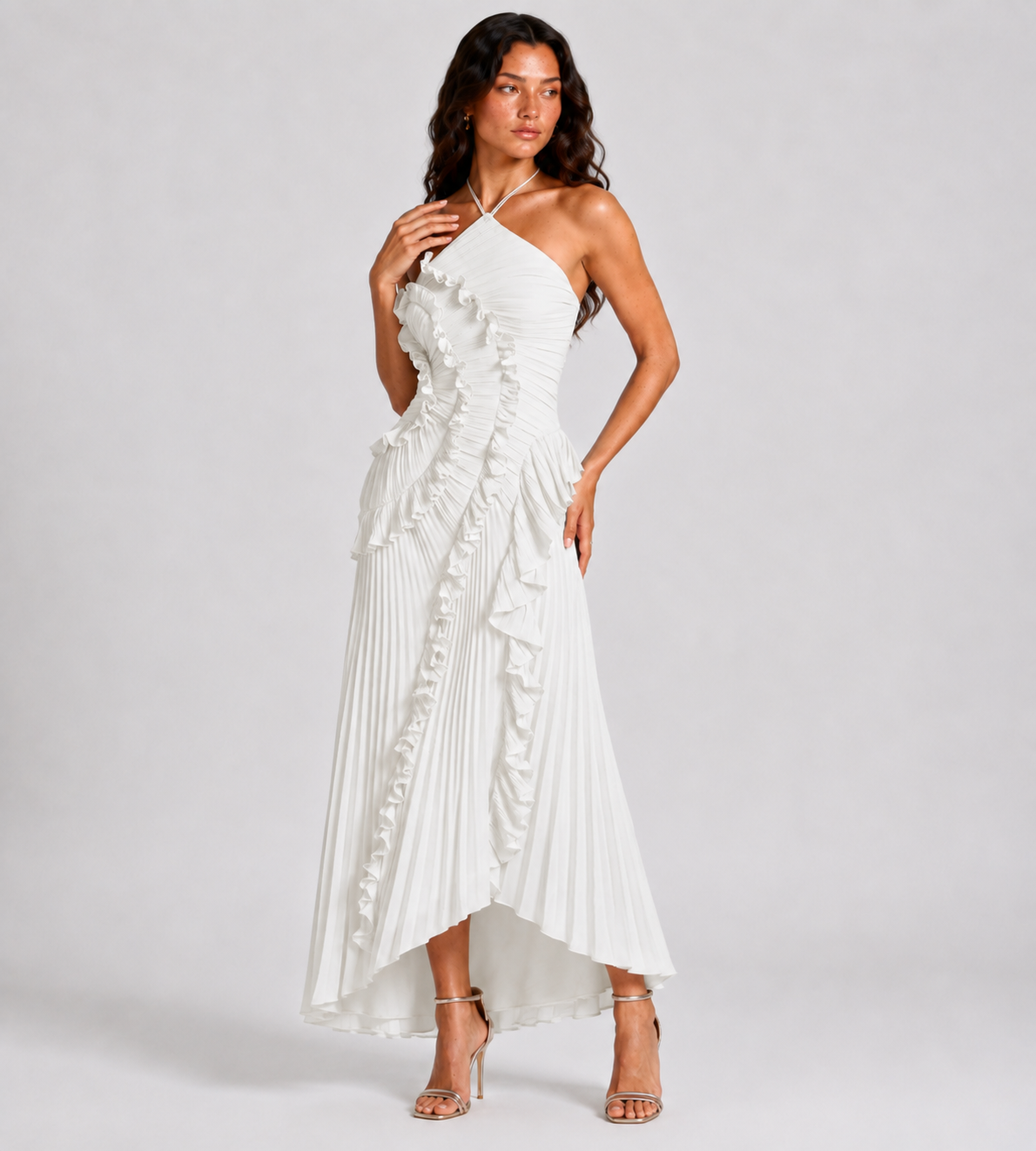 Evelina Pleated Ruffle Halter Maxi Dress - White