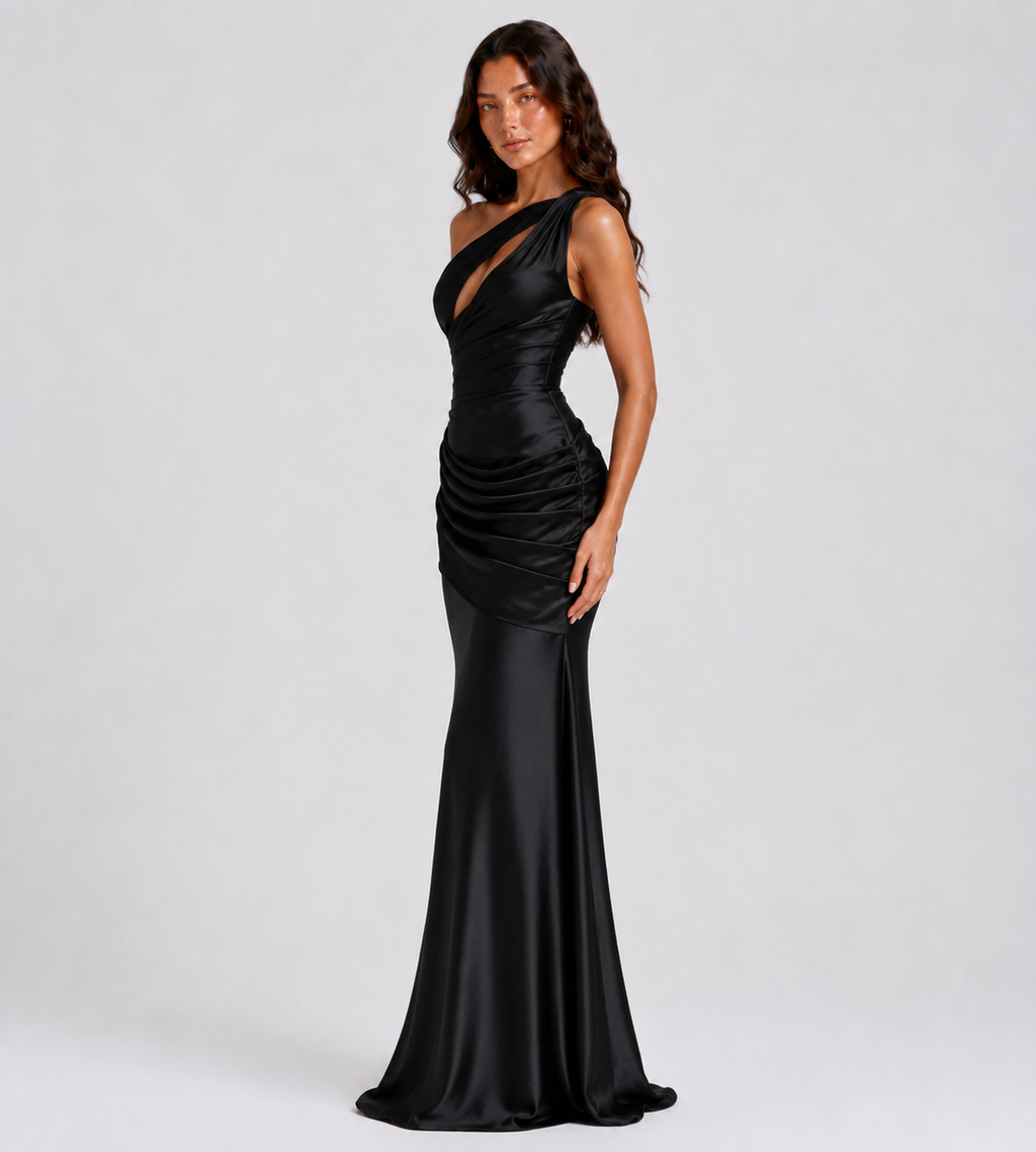 Isolde One-Shoulder Satin Maxi Dress - Black