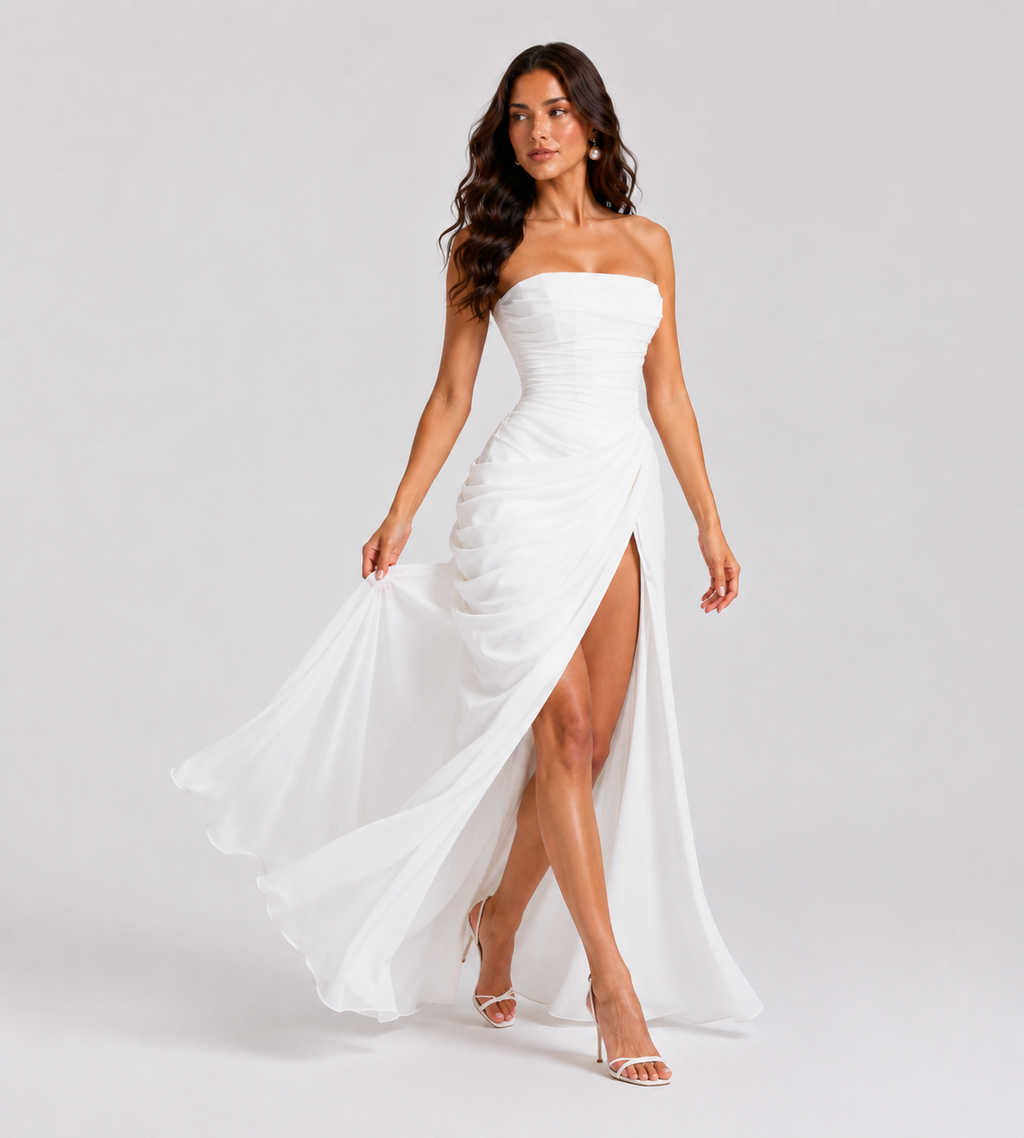 Camille Strapless Draped Maxi Dress - White