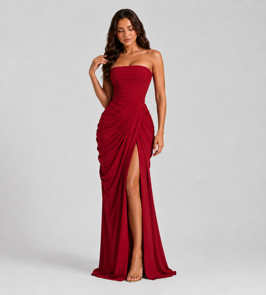 Camille Strapless Draped Maxi Dress - Red