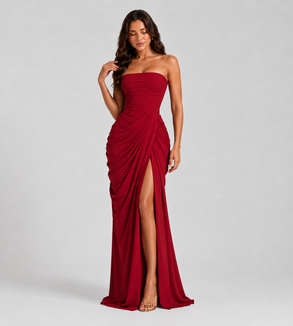 Camille Strapless Draped Maxi Dress - Red