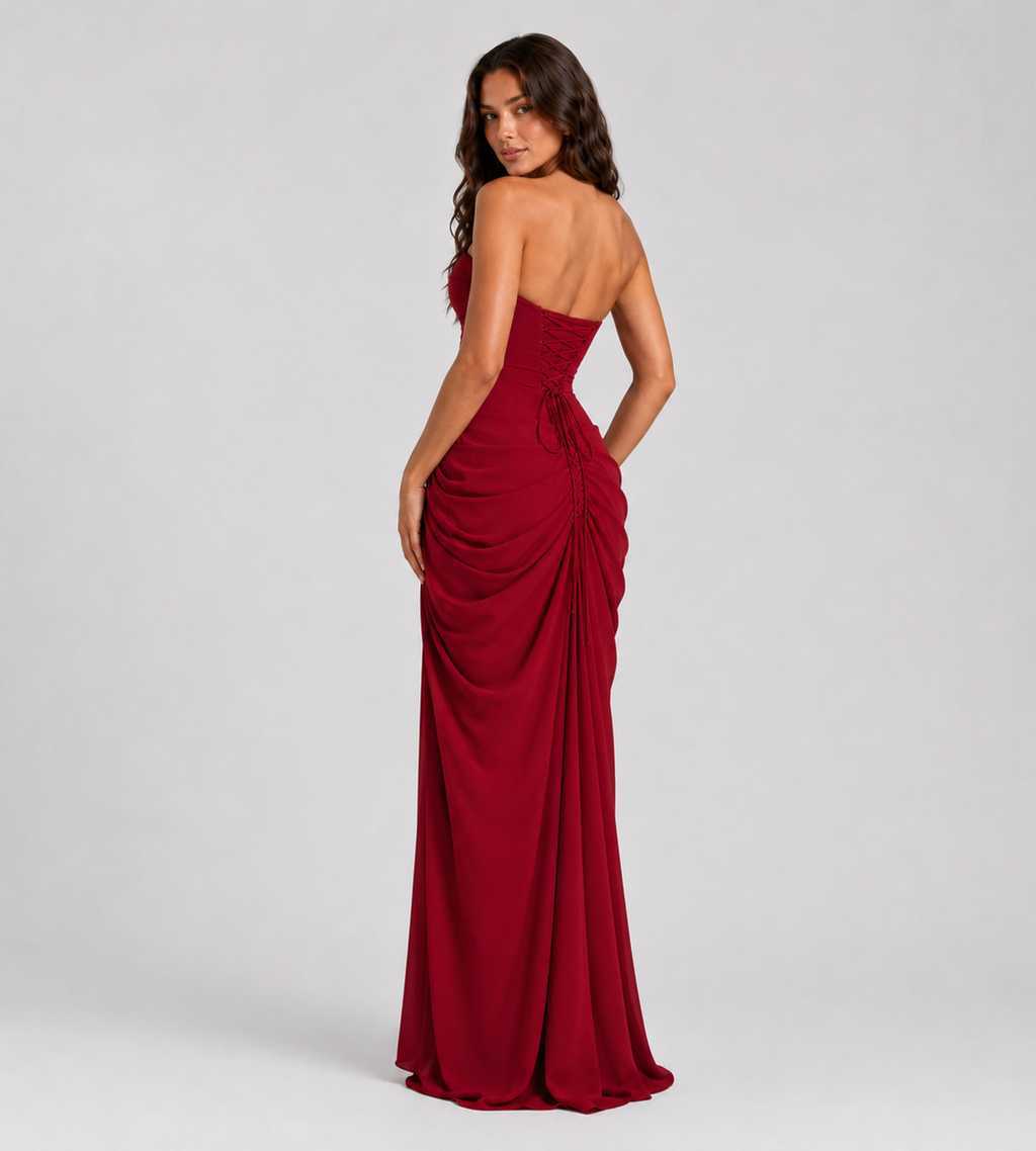 Camille Strapless Draped Maxi Dress - Red