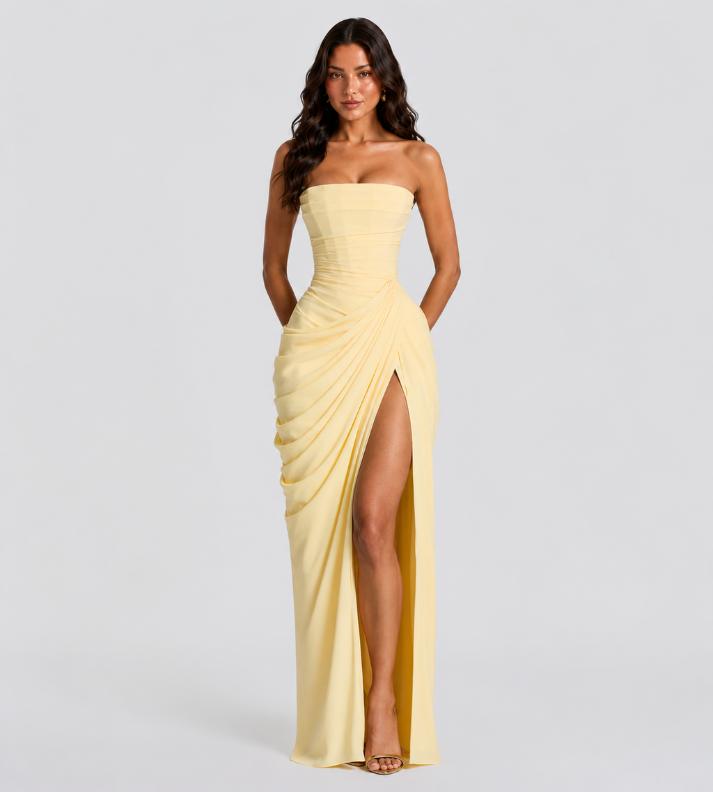 Camille Strapless Draped Maxi Dress - Lemon