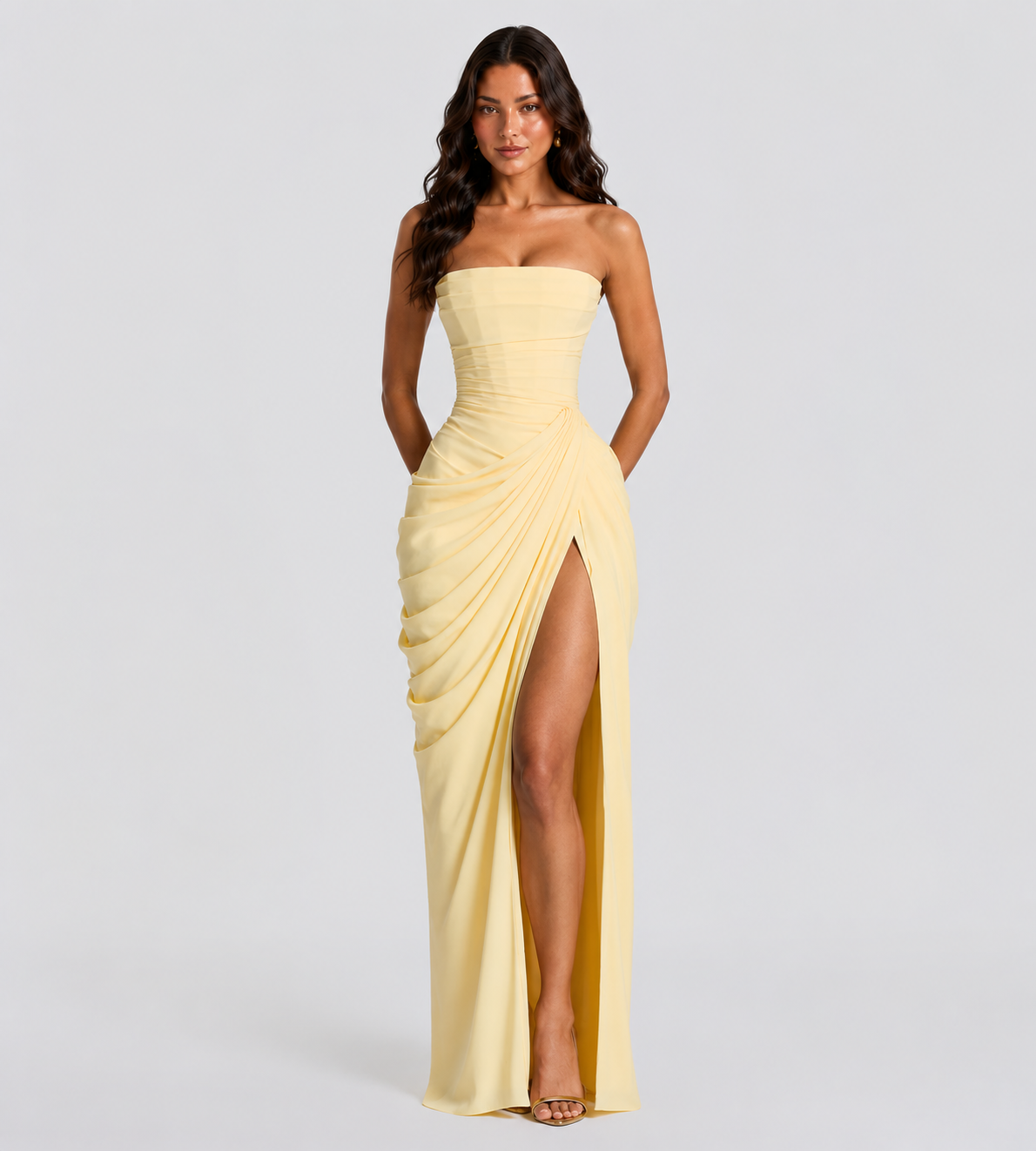 Camille Strapless Draped Maxi Dress - Lemon