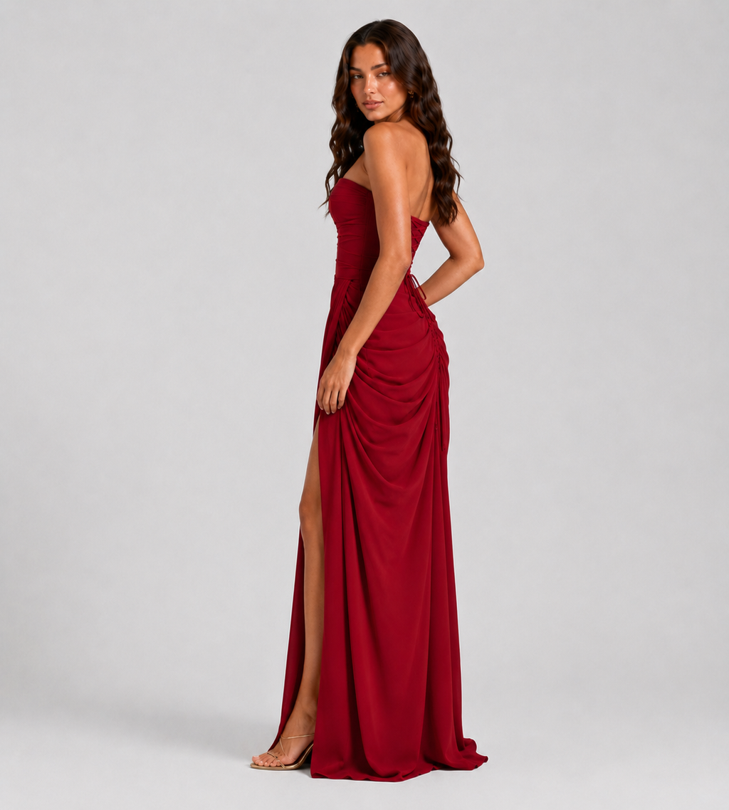 Camille Strapless Draped Maxi Dress - Red
