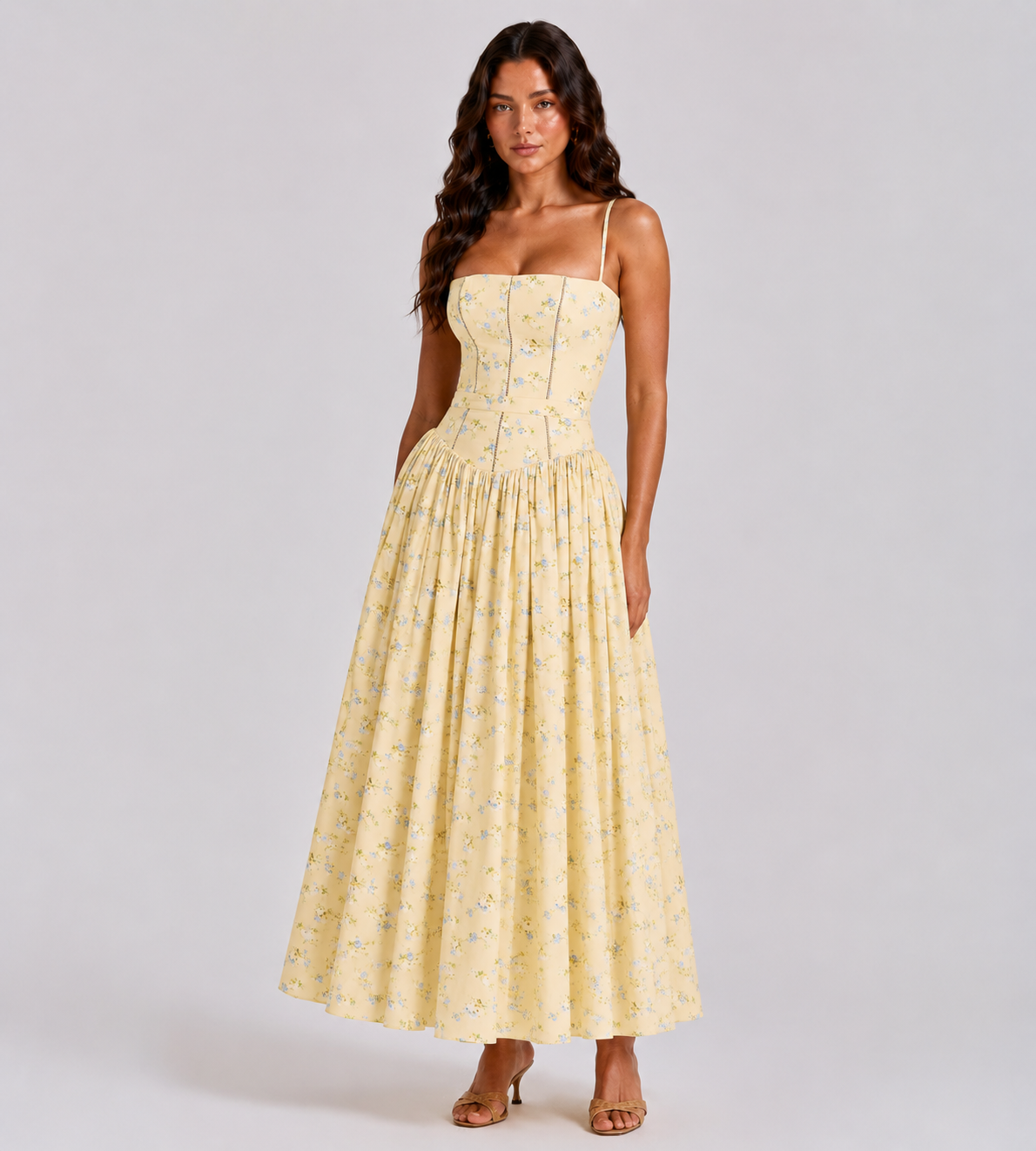 Solene Floral Midi Dress - Lemon