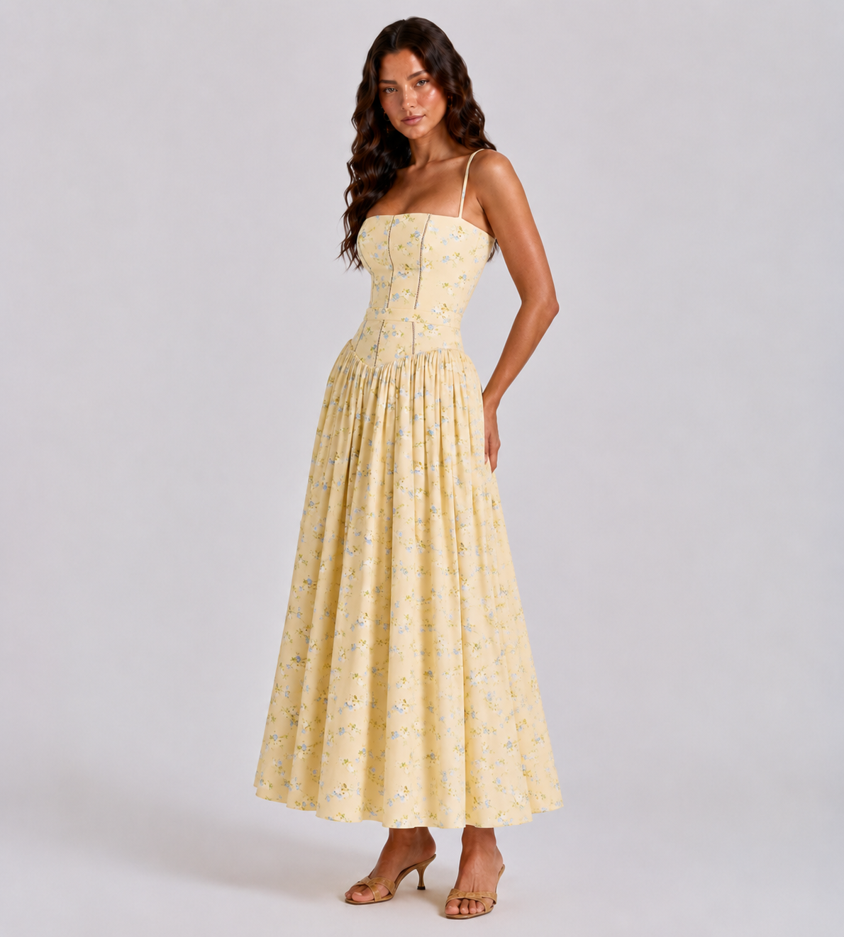 Solene Floral Midi Dress - Lemon