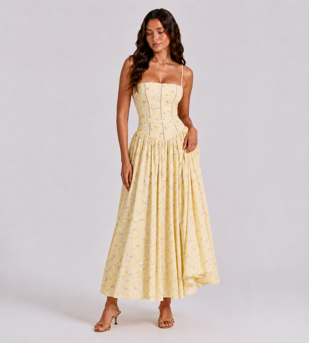 Solene Floral Midi Dress - Lemon