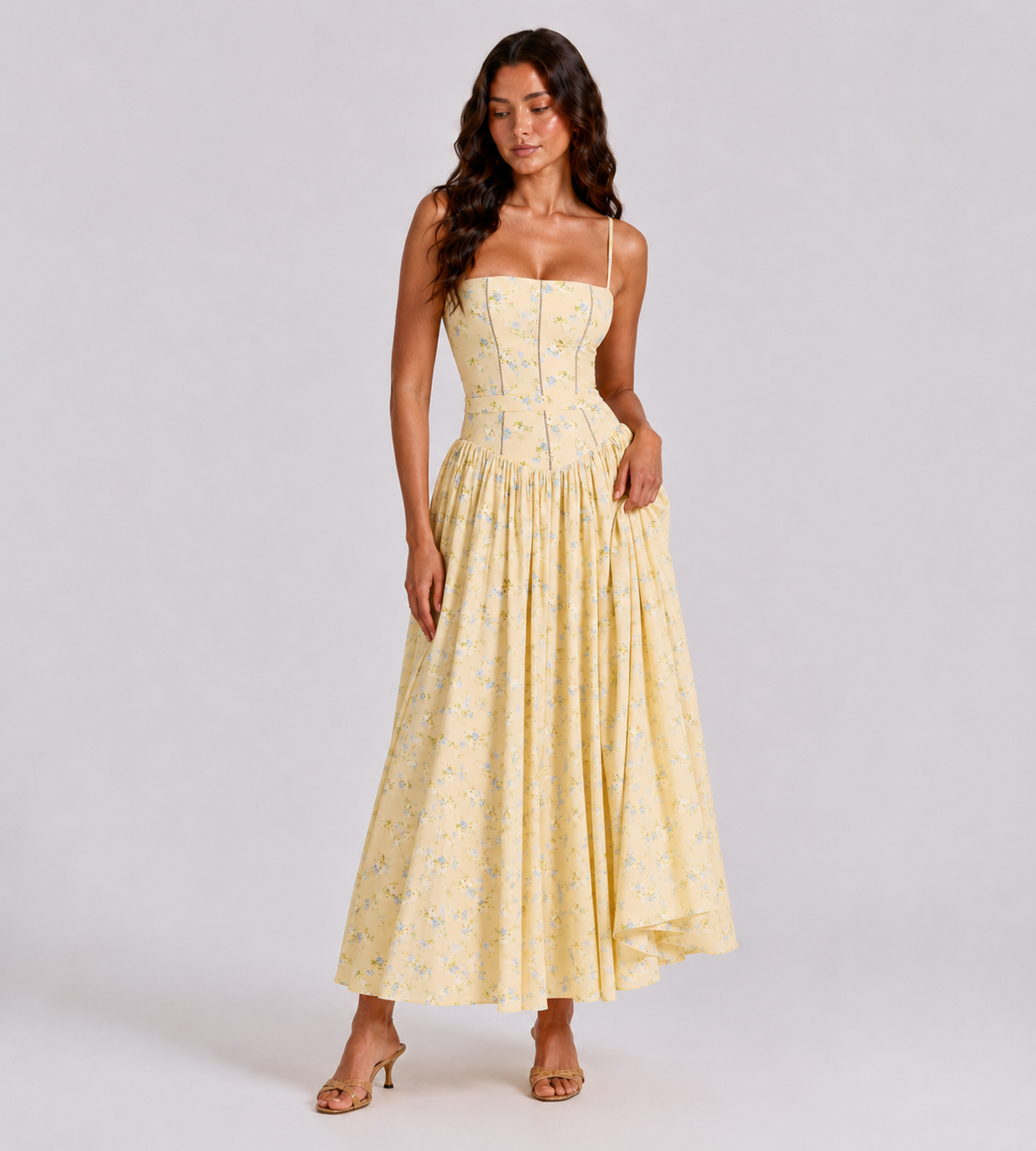 Solene Floral Midi Dress - Lemon