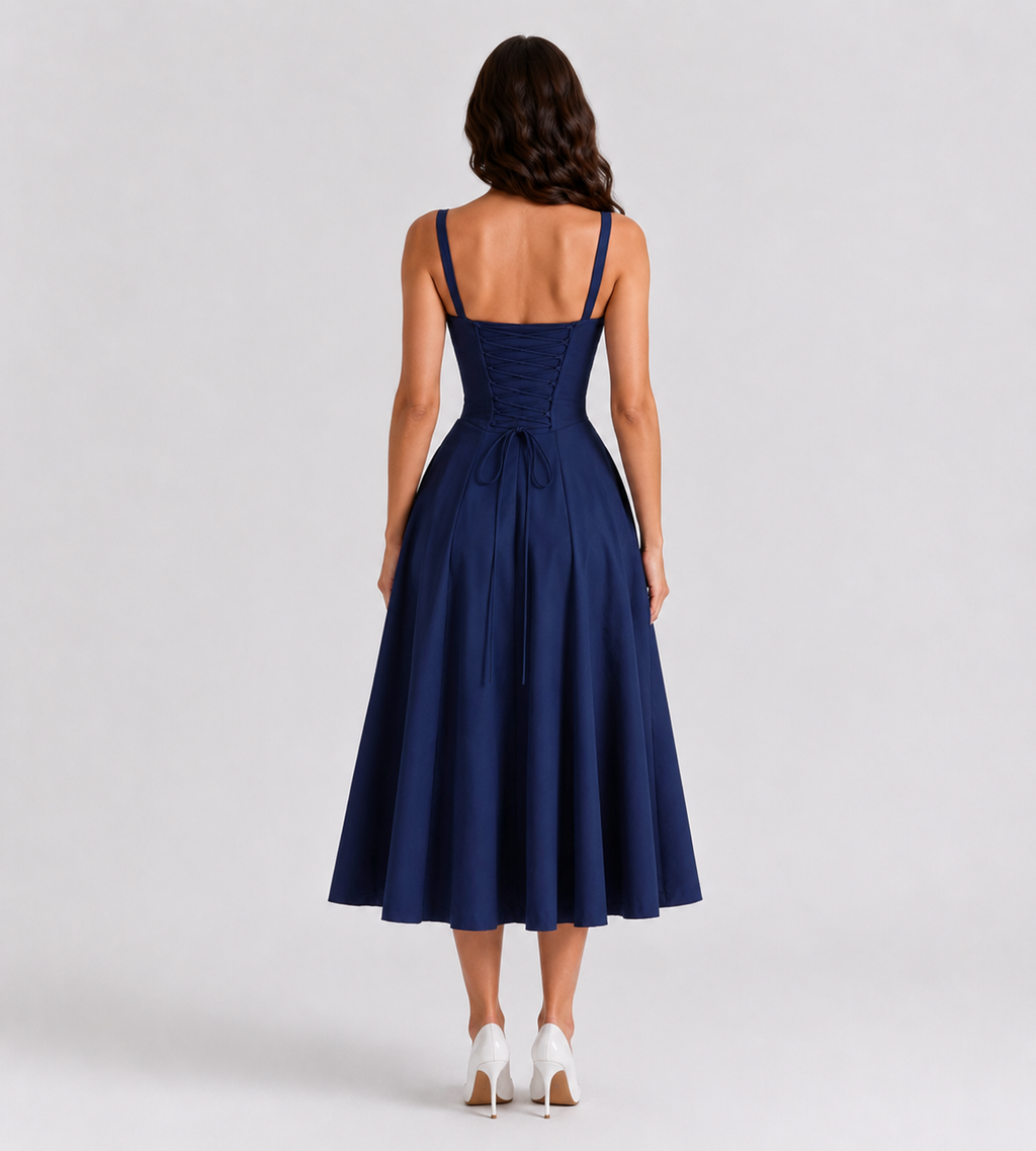 Marielle Ruched Corset Midi Dress - Navy