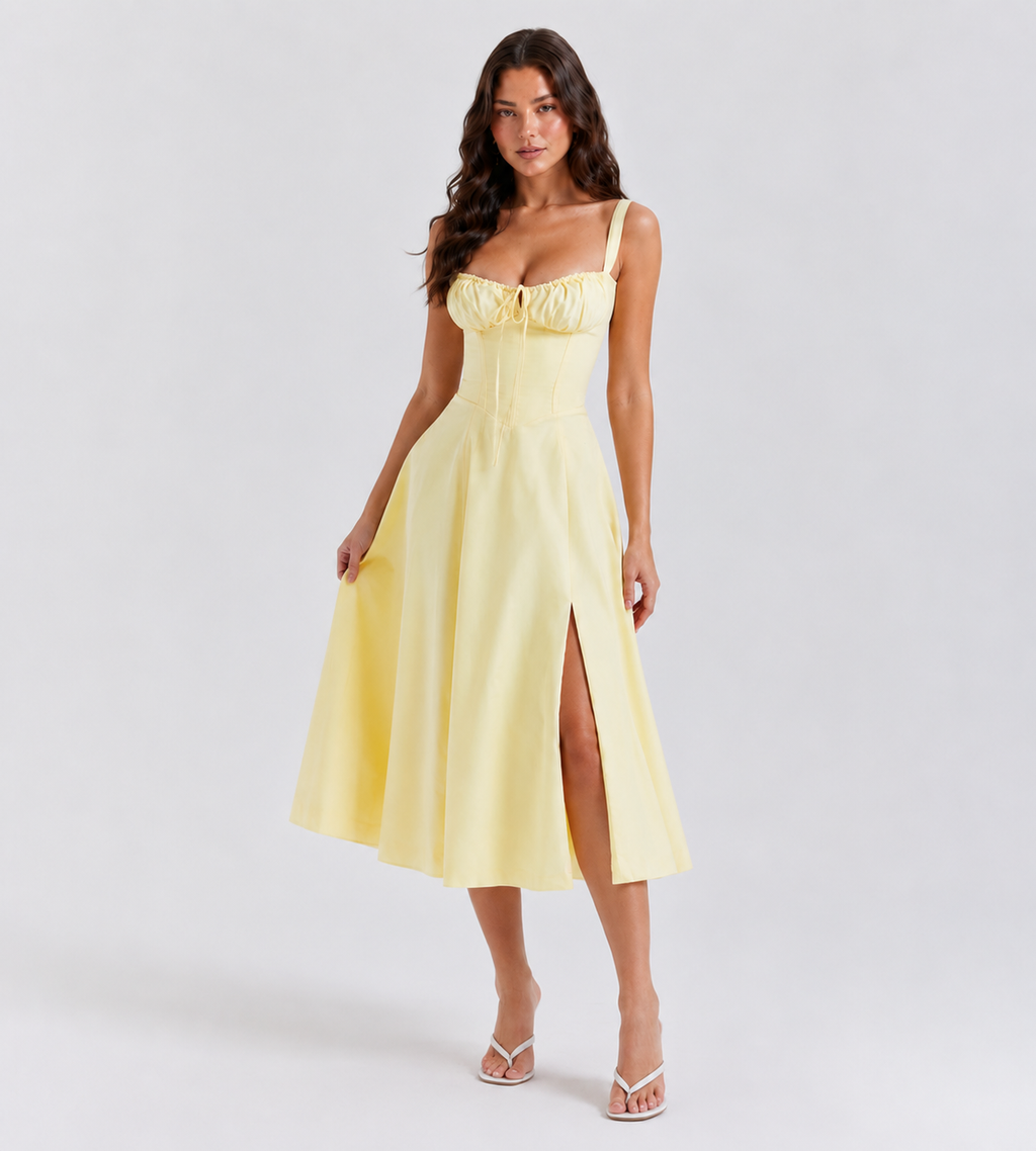 Marielle Ruched Corset Midi Dress - Yellow