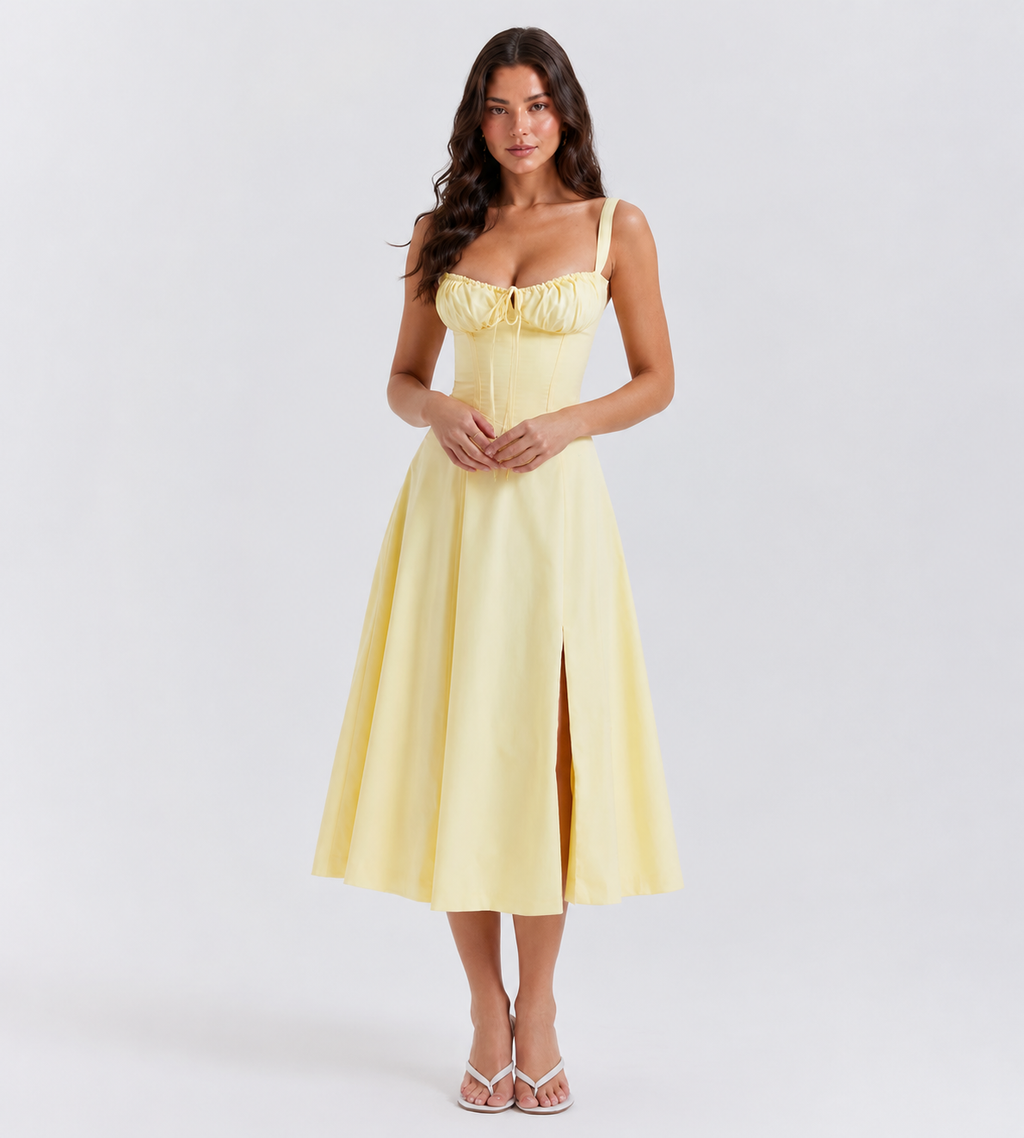 Marielle Ruched Corset Midi Dress - Yellow
