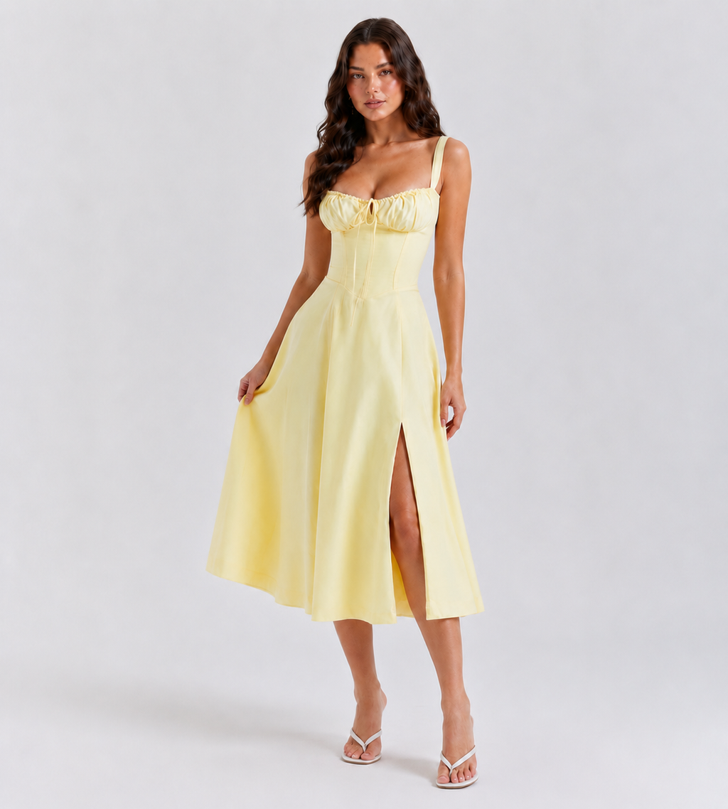 Marielle Ruched Corset Midi Dress - Yellow