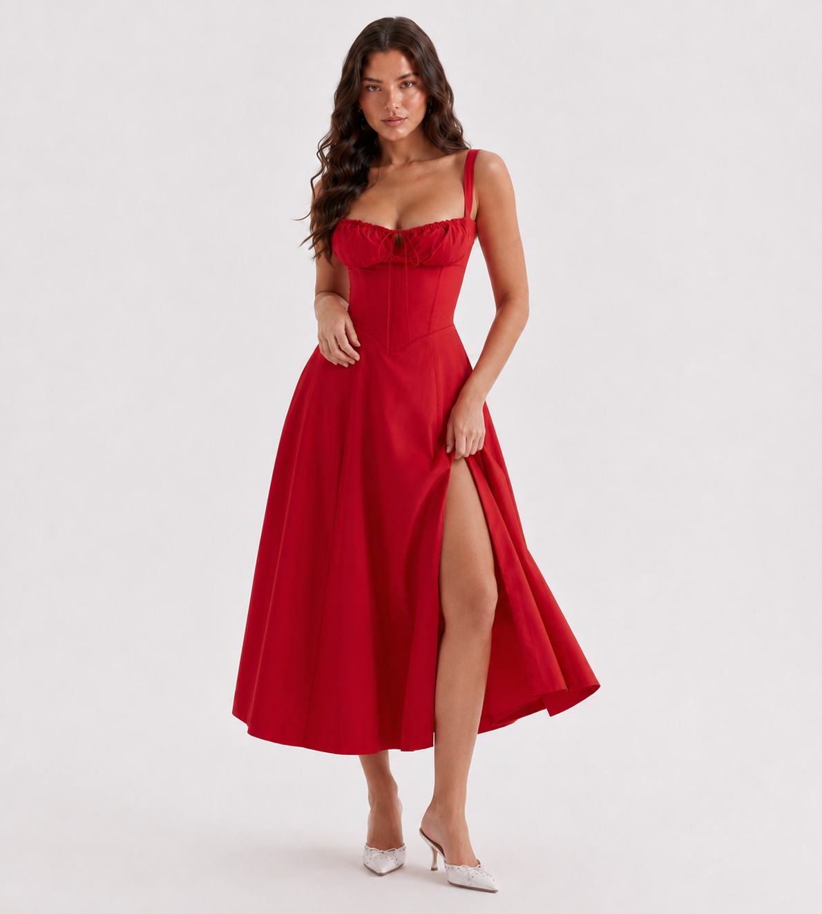 Marielle Ruched Corset Midi Dress - Red