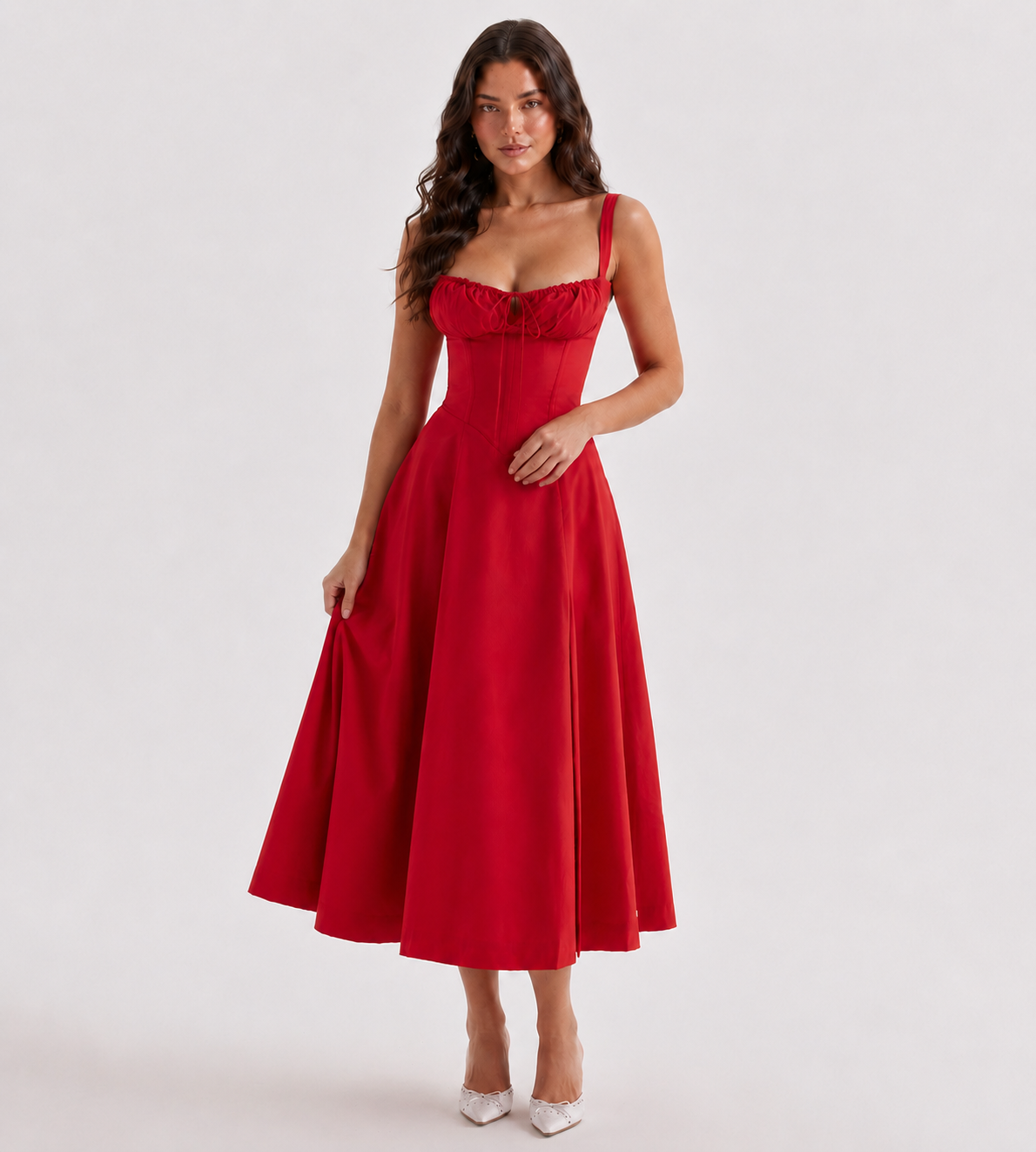 Marielle Ruched Corset Midi Dress - Red